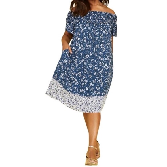 LANE BRYANT Dress 14/16‎ Blue Floral Smocked Off Shoulder Lined Gauzy Boho Chic - Picture 1 of 13